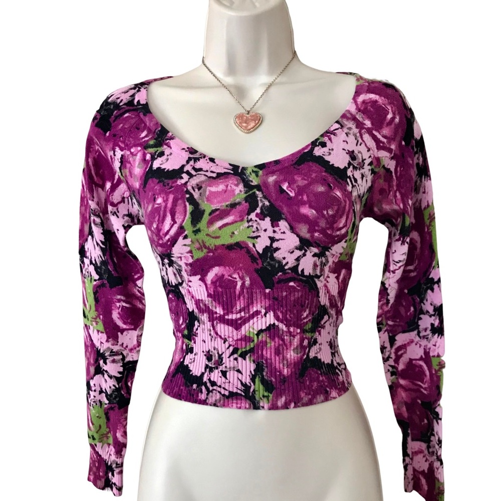 Forever 21 Purple Floral V-neck Crop Top Sweater Coquette Fairy Size Small